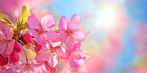 Fototapete - Pink cherry blossoms blooming in the bright spring sun beneath a vivid blue sky.