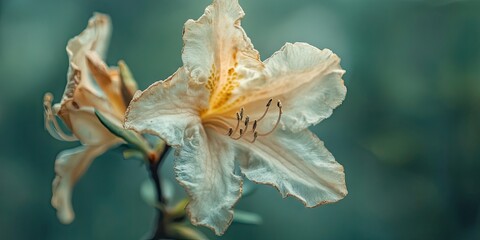 Aufkleber - A desiccated azalea with stamens. Macro shot. Softly blurred green backdrop. Shallow depth of field. Copy space. Toned photograph.