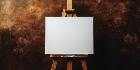 Aufkleber - Wooden easel holding a blank canvas against a brown background. Room for text.