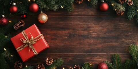 Wall Mural - Christmas decorations, a gift box, and pine branches on a wooden surface, preparing for the holiday season, Happy New Year, and Christmas celebrations. Top view and copy space for text.