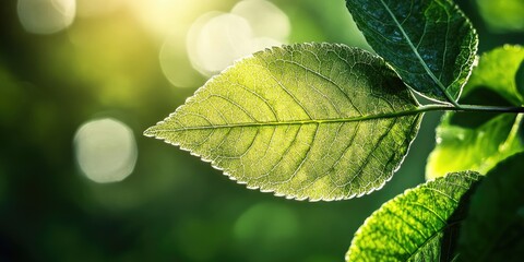Poster - Close-up of a green leaf in sunlight in the garden. Natural backdrop with copyspace.