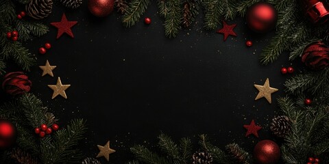 Aufkleber - Christmas frame created from fir tree branches and decorations on a black background with room for text. Wishing you a Merry Christmas and a Happy New Year. Xmas theme. Top view. Copyspace.