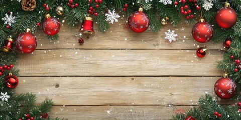 Aufkleber - Christmas Border - fir branches adorned with red baubles, bells, and snowflakes on a wooden backdrop.
