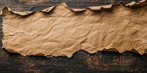 Poster - A torn piece of brown craft paper, photographed from above on a dark rustic wooden surface, featuring an area for text.