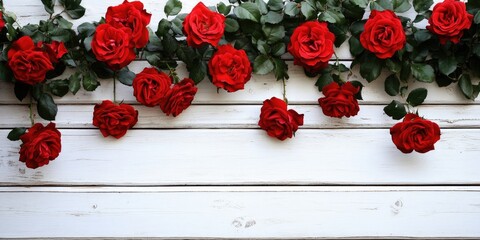 Aufkleber - red roses on a background of white wooden planks