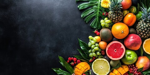 Canvas Print - fresh tropical fruits on dark black background copyspace