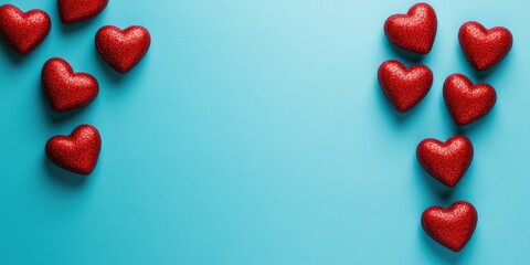 Aufkleber - Valentine's Day backdrop. Red hearts against a blue background. Top view, copy space.