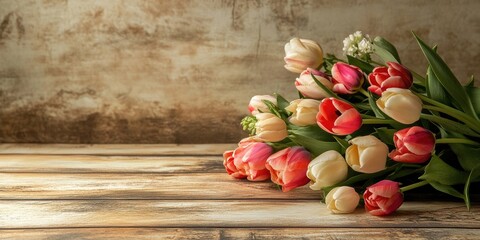 Leinwandbilder - A bunch of tulips and bush roses on a wooden surface. Copyspace