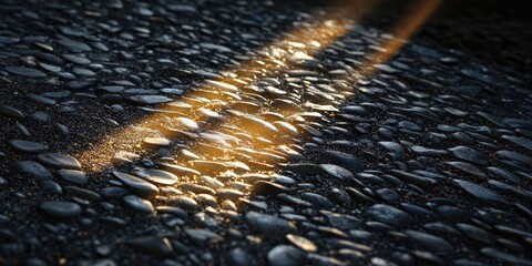 Poster - Light with a bright projection on a surface of small dark stones.