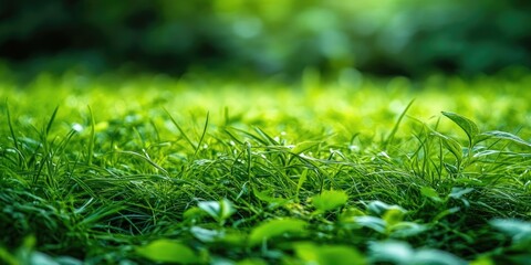 Poster - Lush, vibrant green grass on the lawn. Unmowed lawn with young sprouts in spring. Background for wallpaper, text, and design.