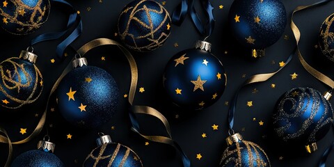 Poster - Christmas blue baubles adorned with ribbon and stars set against a black background. New Year decoration art design.