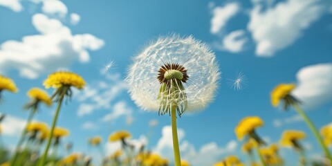 Poster - dandelion. flowers in spring and summer, blue sky