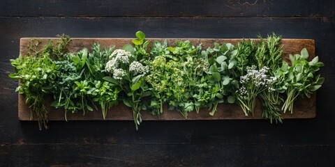 Poster - a collection of freshly picked garden herbs on a wooden board viewed from above