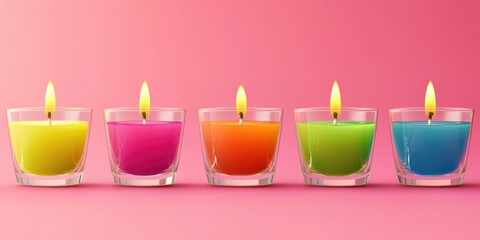 Poster - Vibrant, colorful candles in glass cups set against a pink background. This design is for a greeting card, symbolizing holidays, festive parties, and birthdays.