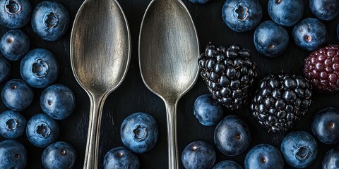 Poster - Close-up of blueberries and blackberries around two spoons.