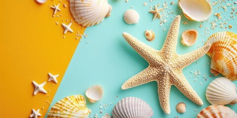Fototapete - Summer time concept flat lay arrangement featuring lovely starfish and seashells on a colorful table, top view with copyspace for text.