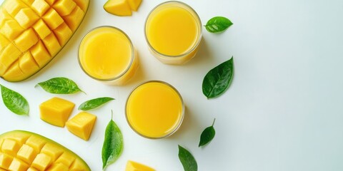 Aufkleber - Mango juice and fruit on a white background, with copy space.