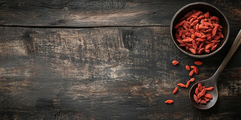 Aufkleber - Bowl and spoon with dried goji berries on a wooden surface, featuring space for text, top view.