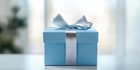 Aufkleber - A gift in a blue box with a silver ribbon on a table set against a white background in close-up.