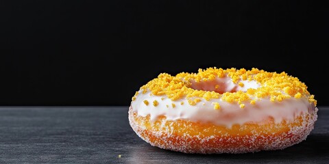 Poster - Donut coated with white sugar glaze and topped with yellow pastry crumbs, set against a black background with copyspace.