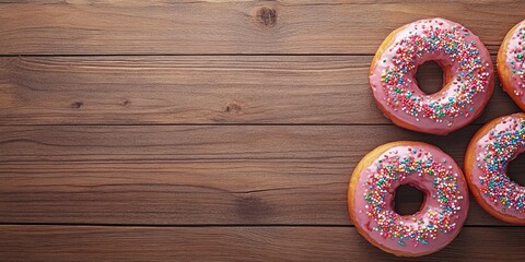 Poster - Donuts on a wooden table. Top view featuring sprinkles donuts and copy space.