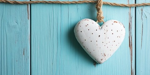 Fototapete - White decorative heart on a turquoise wooden background. Selective focus. Space for text. Square image.