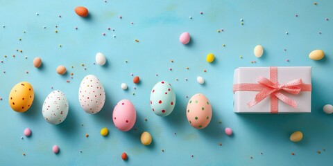 Aufkleber - Easter holiday backdrop featuring eggs. A top view of a row of colorful painted chicken eggs alongside a gift box with a ribbon.