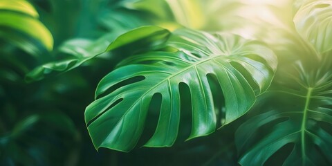 Poster - Vibrant green monstera deliciosa leaves with a shallow depth of field. Horizontal summer tropical background. Urban jungle theme.