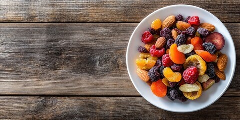 Poster - Dried fruits on a white plate on a wooden table. A combination of various nuts and berries, rich in vitamins. Includes copyspace for text.