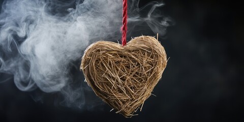 Aufkleber - Decorative straw heart representing Valentine's Day love, suspended on a red rope with white smoke against a black background, copyspace.