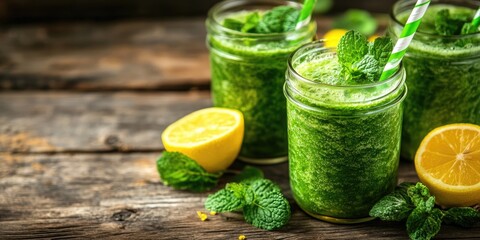 Aufkleber - Smoothies, a blend of lemon, delicious and nutritious beverage, green drink, copy space, idea, diet, detox, wellness.