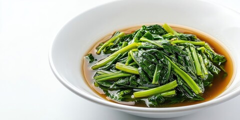 Poster - Stir-fried water spinach, also known as cah kangkung or morning glory, appears glossy due to the broth. Isolated with copy space on a white background.