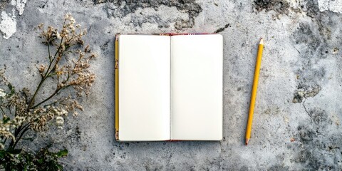 Fototapete - Copybook and pencil on a concrete surface. Branding stationery mockup. Empty items for adding your design. Top view. Flat lay.