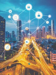 Fototapete - This vibrant smart city showcases AI-connected buildings aglow in the evening sky, highlighting advanced urban technology. Generative AI