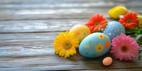 Aufkleber - Colorful Easter eggs accompanied by lovely flowers on a wooden background.