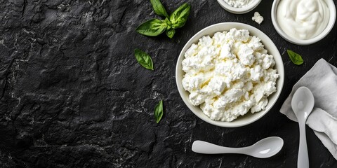 Aufkleber - Dairy items - cottage cheese, yogurt, sour cream - arranged on a black brick surface with white spoons and a linen napkin. Top view, copy space. Wide panoramic image. Copy space.