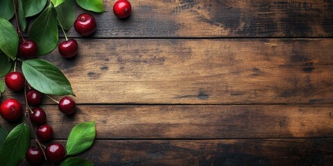 Poster - Sweet cherry berries with leaves on a wooden table. Top view with copy space.
