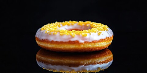 Poster - Donut coated with white sugar glaze and topped with yellow pastry crumbs, set against a black background with copyspace.