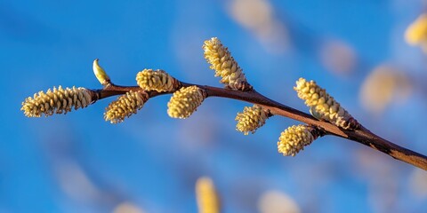 Poster - Spring birch catkins on a branch without leaves against a blue sky background. Birch catkins as an allergy trigger.