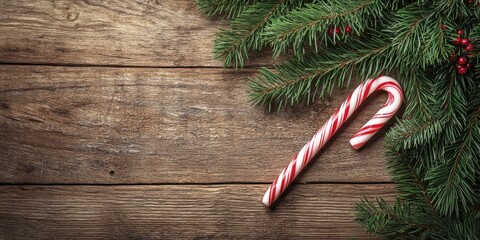 Aufkleber - Christmas tree branch featuring a candy cane on a wooden table. Top view with copyspace.