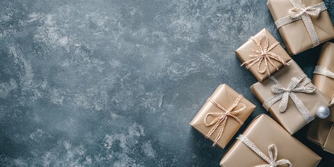 Poster - A collection of wrapped boxes with gifts on a grey textured background. Top view. Gift concept. Space for text.