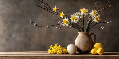 Aufkleber - Easter arrangement featuring willow and daffodil on a wooden table.