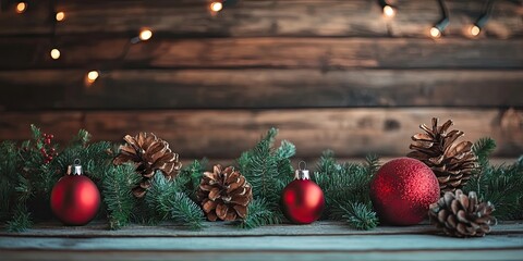 Poster - Beautiful Christmas background for celebration. New Year's festivities. Christmas season. Lovely Christmas decorations on a wooden backdrop. Loft style. Mockup.