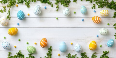 Aufkleber - Stylish backdrop featuring vibrant Easter eggs on a white wooden surface. Flat lay, top view, mockup, overhead, template.