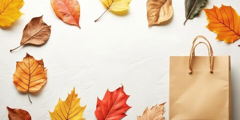 Sticker - Autumn sale. Dried multicolored leaves on a light backdrop. Paper shopping bag.