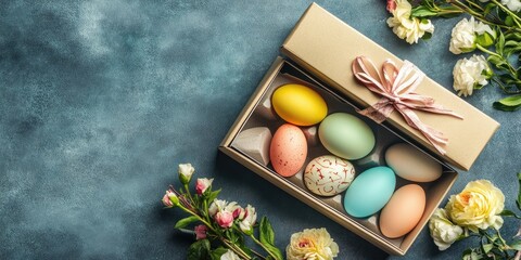 Aufkleber - Colorful Easter eggs in a box and a gift, with flowers on the table. Top view featuring copy space.