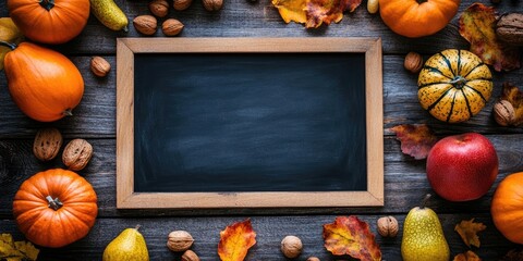Aufkleber - Blank chalkboard with apples, pears, pumpkin, nuts, and bitter melon on a wooden surface, top view.