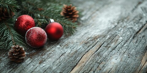 Poster - Christmas decorations on a wooden surface, providing ample copy space for your product or text.