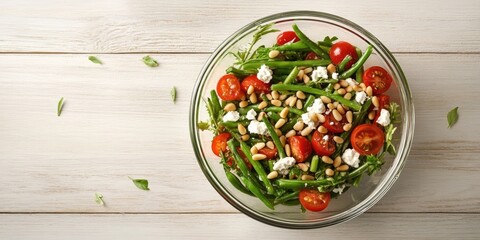 Aufkleber - Antipasto salad featuring green beans, tomatoes, pine nuts, and feta cheese in a glass bowl on a light wooden table, copyspace, top view from above.