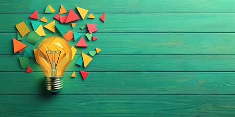 Poster - Light bulb radiating rays from vibrant geometric shapes on a green wooden background with copy space. Concept of idea, innovation, and solution, flat lay.